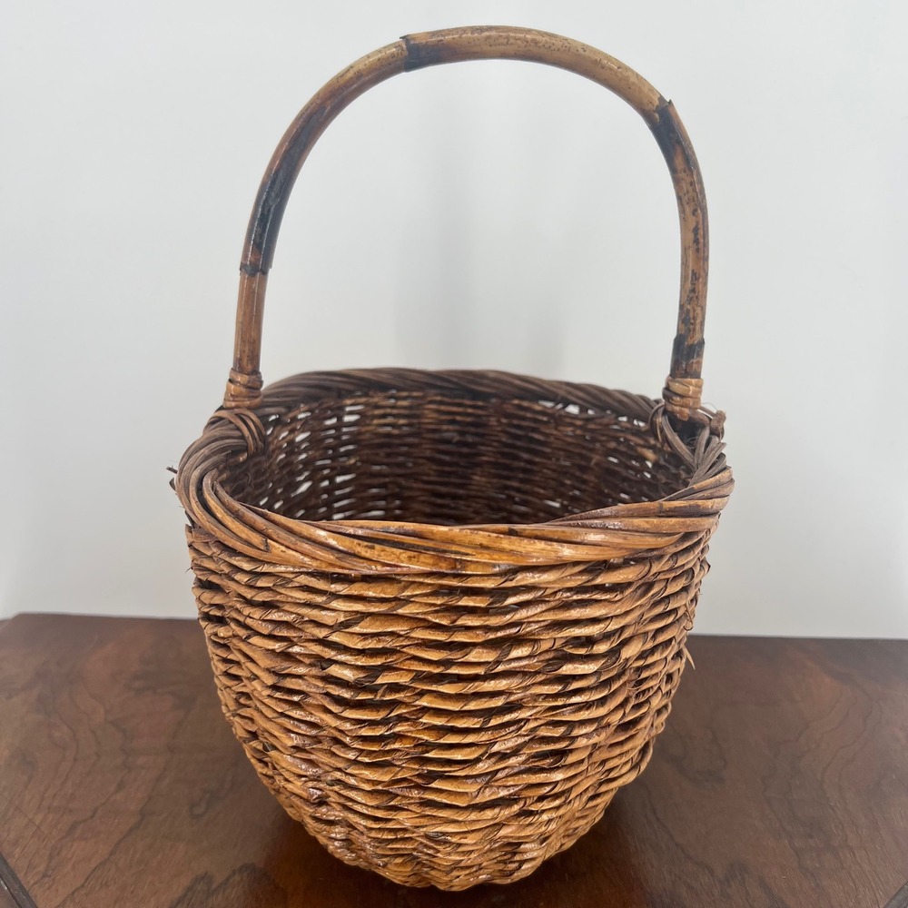 Vintage French Country Woven Rattan Wicker Gathering Basket Farmhouse Rustic 14" - Picture 5 of 14